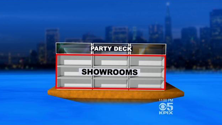 A mock-up of what the Google barge could look like. Sources said the vessel, made out of shipping containers, would consist of three floors of showrooms and a party deck on top. (CBS)