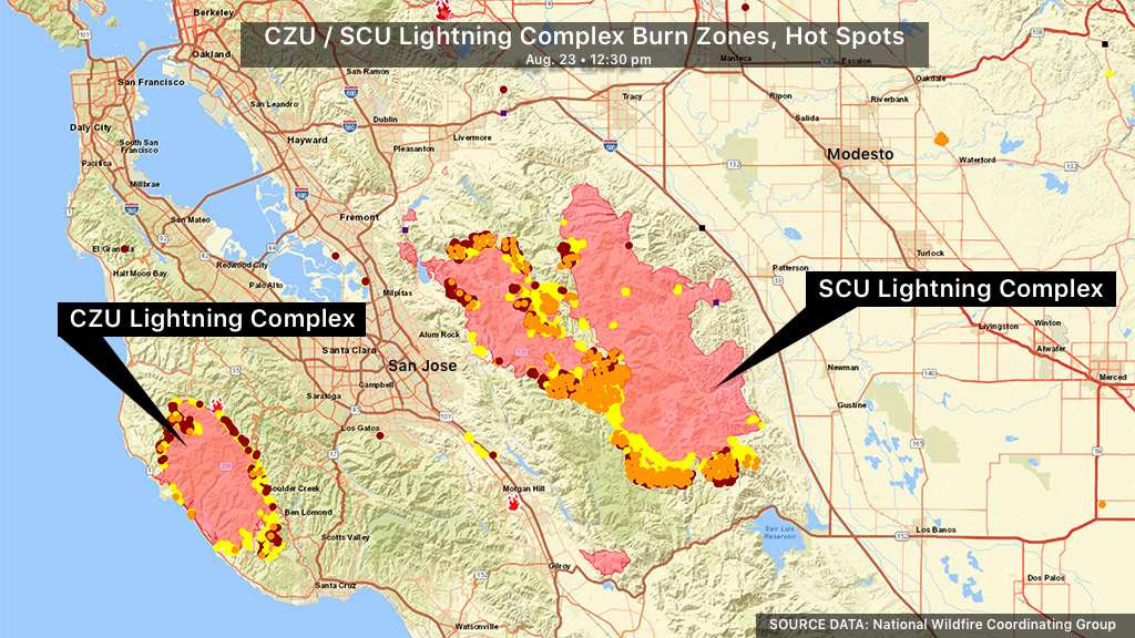 Aug. 23: CZU / SCU Lightning Complex Fire Zones Map