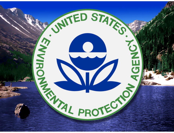 Environmental Protection Agency logo over a background photo of blue sky, mountain and lake. (MCT via Getty Images)