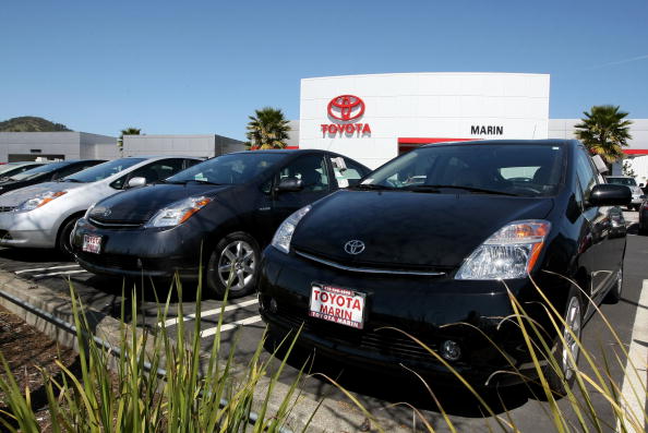 New Toyota Prius hybrid cars are on display at Marin Toyota. With U.S. gas prices at an average of $2 per gallon, sales of hybrid cars have slumped since April of last year.  (Photo by Justin Sullivan/Getty Images)