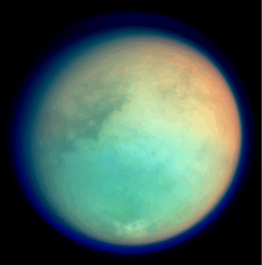This image shows Titan in ultraviolet and infrared wavelengths. It was taken by Cassini's imaging science subsystem on Oct. 26, 2004 (NASA)