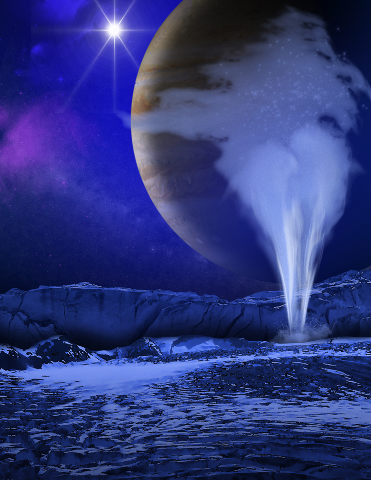 This is an artist's concept of a plume of water vapor thought to be ejected off the frigid, icy surface of the Jovian moon Europa, located about 500 million miles from the sun. Spectroscopic measurements from NASA's Hubble Space Telescope led scientists to calculate that the plume rises to an altitude of 125 miles  and then it probably rains frost back onto the moon's surface. Previous findings already pointed to a subsurface ocean under Europa's icy crust. Credit: NASA/ESA/K. Retherford/SWRI