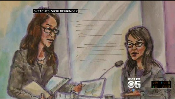 Ellen Pao (R) on the witness stand. (CBS)
