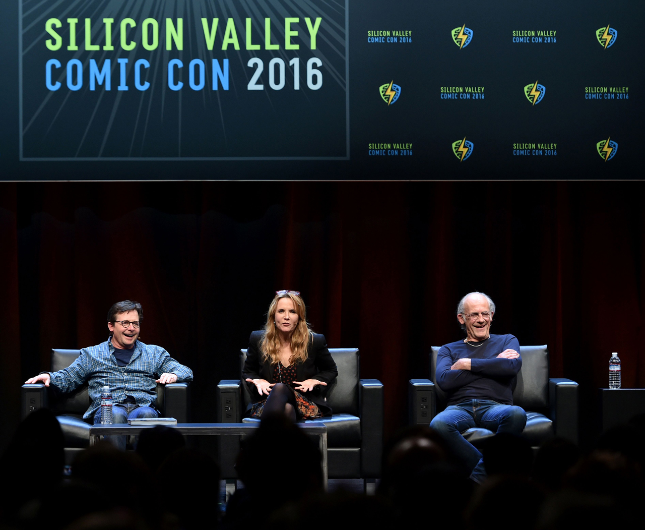 Michael J. Fox (L), Lea Thompson (C) and Christopher Lloyd (R) take part in a panel discussion on "Back to the Future" during te Silicon Valley Comic Con in San Jose, California on March 19, 2016.  The comic and entertainment-themed event features exhibits, panel discussions and pop culture artistry. Fox, Lloyd and Thompson starred the 1985 US science-fiction adventure comedy film "Back to the Future." / AFP / JOSH EDELSON        (Photo credit should read JOSH EDELSON/AFP/Getty Images)