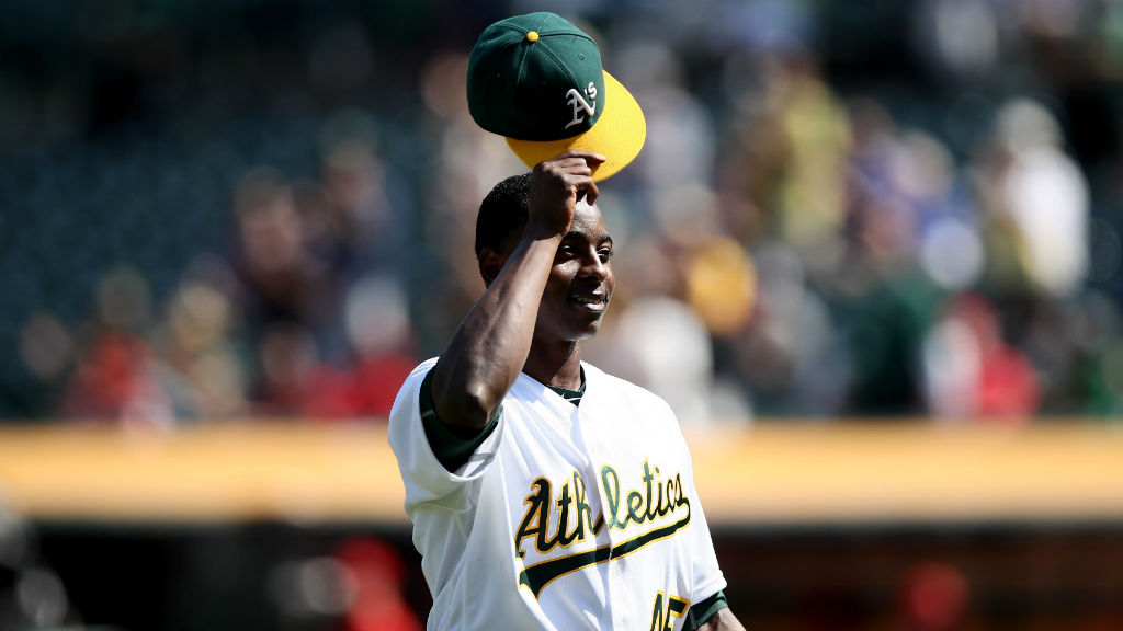 OAKLAND, CA - SEPTEMBER 07: Jharel Cotton #45 of the Oakland Athletics tips his hat after being taken out of the game in the seventh inning of their game against the Los Angeles Angels of Anaheim in his major league debut at Oakland-Alameda County Coliseum on September 7, 2016 in Oakland, California. (Photo by Ezra Shaw/Getty Images)