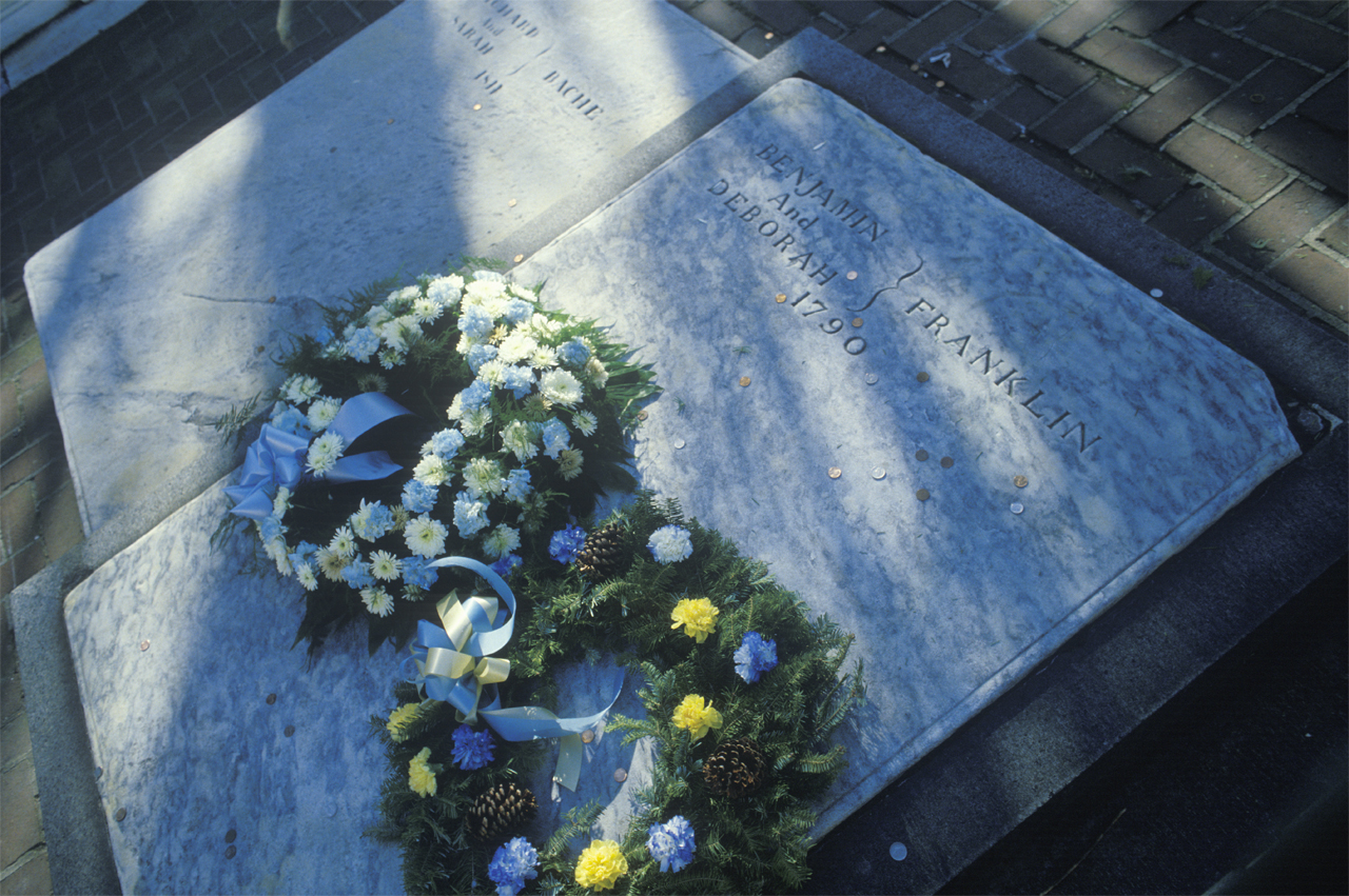 Gravestone on grave of Benjamin Franklin, Philadelphia, PA (Photo by Visions of America/UIG via Getty Images)