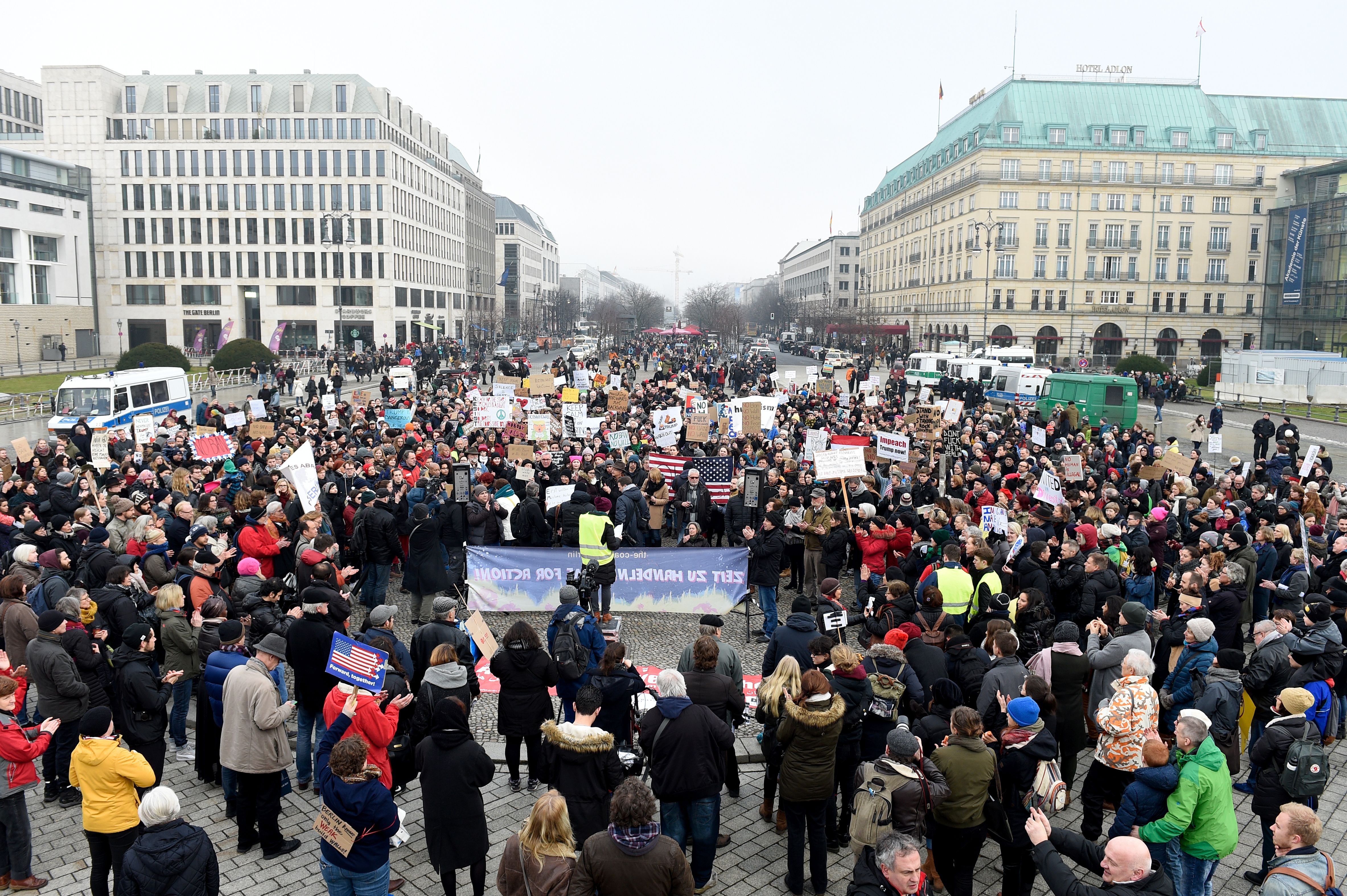People protest against the travel ban imposed by US President Donald Trump, on February 4, 2017, in front of Berlin's Brandenburg Gate and the US embassy. (RAINER JENSEN/AFP/Getty Images)