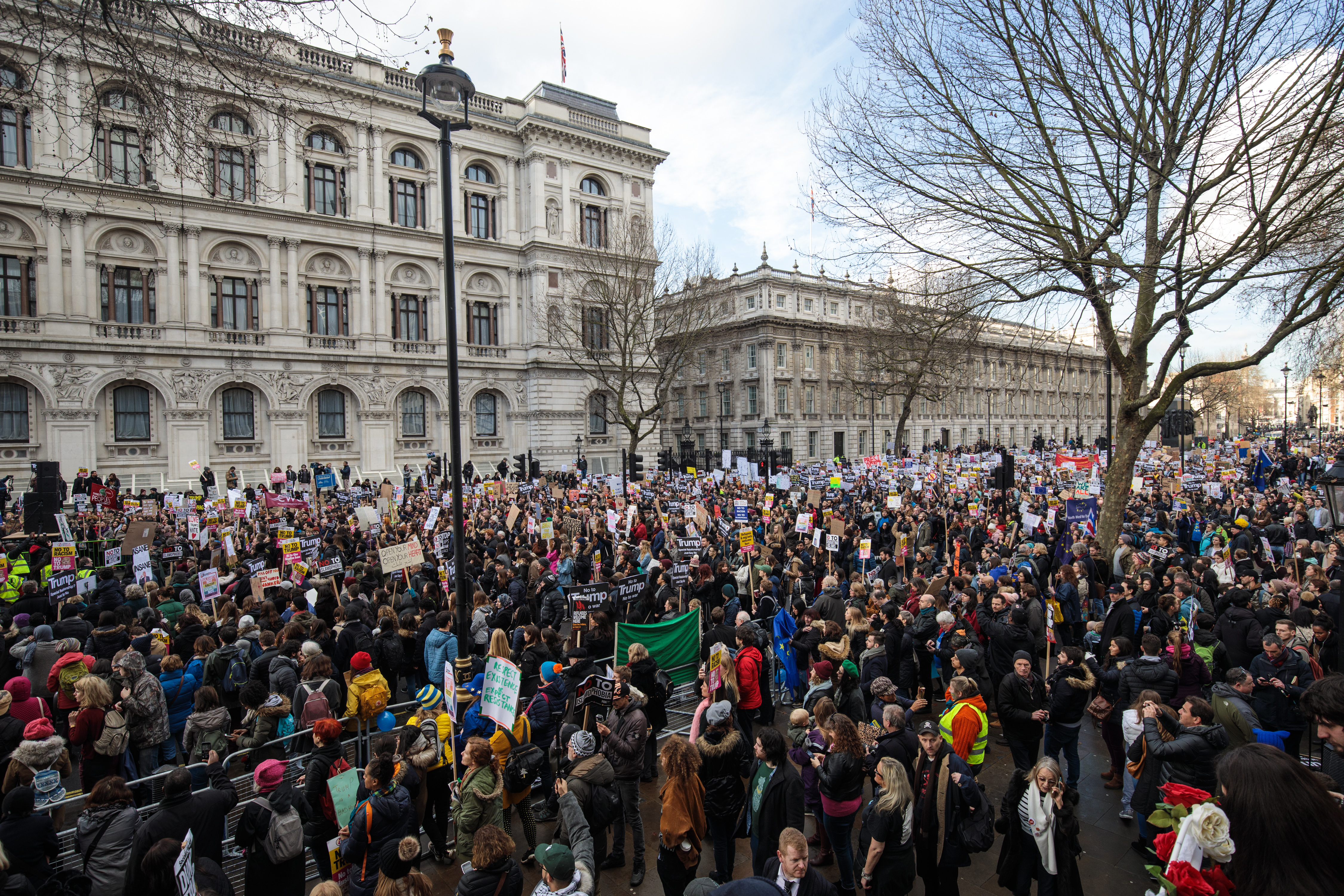 Thousands of protesters with placards take part in a demonstration against U.S. President Donald Trump on Whitehall on February 4, 2017 in London, England. (Jack Taylor/Getty Images)