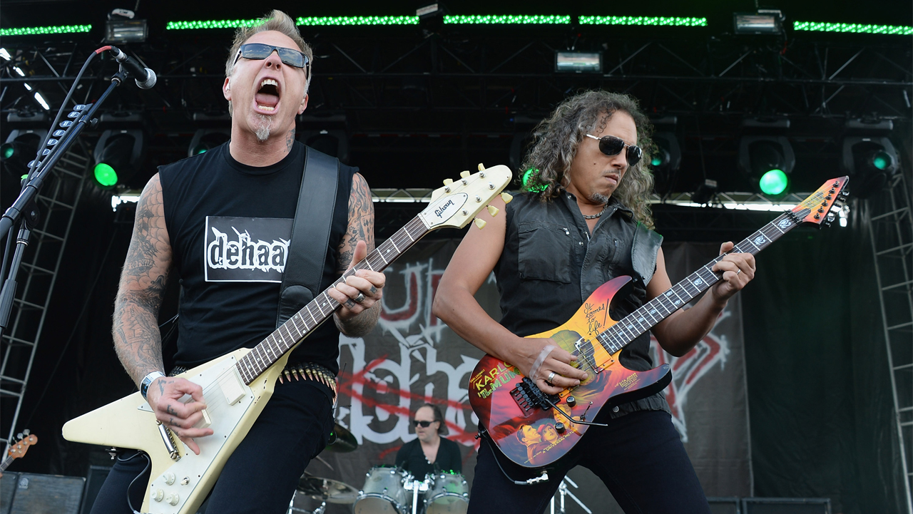 DETROIT, MI - JUNE 08: James Hetfield, Lars Ulrich and Kirk Hammett of Metallica perform a surprise set as Dehaan, performing "Kill Em All" in its entirety during the 2013 Orion Music + More Festival at Belle Isle Park on June 8, 2013 in Detroit, Michigan. (Photo by Theo Wargo/Getty Images)