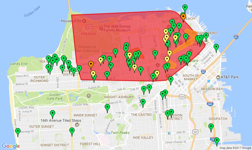Map of San Francisco power outage as of 10:45 a.m. on April 21, 2017. (PG&E)