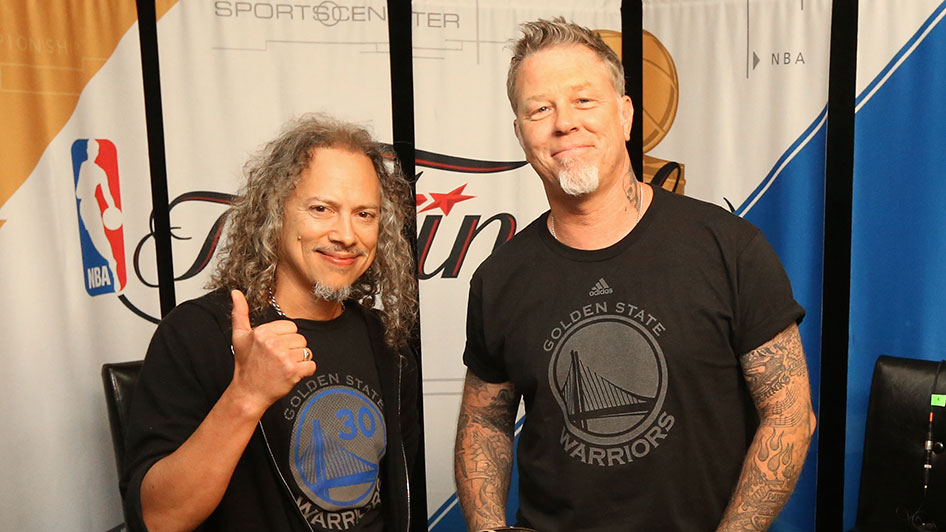 OAKLAND, CA - JUNE 14: Kirk Hammett and James Hetfield of Metallica pose for a portrait prior to Game Five of the 2015 NBA Finals on June 14, 2015 at Oracle Arena in Oakland, California. NOTE TO USER: User expressly acknowledges and agrees that, by downloading and or using this photograph, user is consenting to the terms and conditions of Getty Images License Agreement. Mandatory Copyright Notice: Copyright 2015 NBAE (Photo by Bruce Yeung/NBAE via Getty Images)