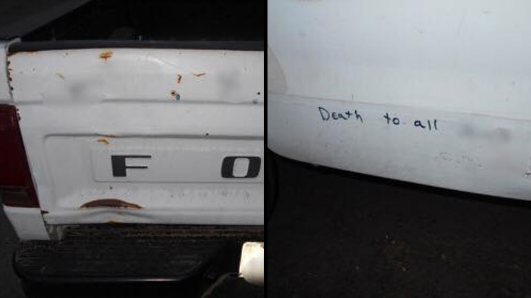 Deputies said they discovered a truck parked at Canyon Middle School in Castro Valley tagged with racist graffiti on September 18, 2017. (Alameda County Sheriff's Office via Facebook)