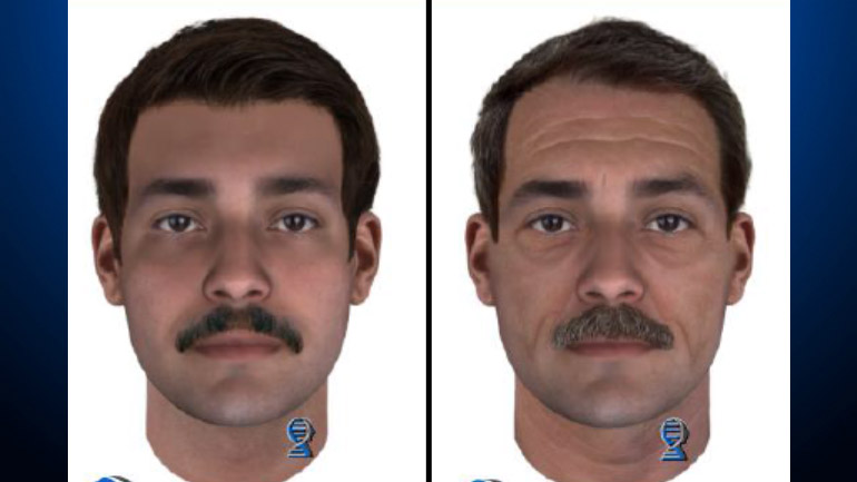 Composite sketch of a person of interest in the murder of Maria Jane Weidhofer at Tilden Park on November 15, 1990. On the left, what the person would look like in his 20s, the sketch on the right is age progressed to 55 years old. (East Bay Parks Police)