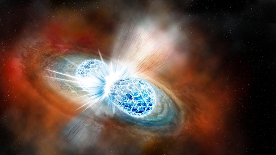 Artist’s concept of the explosive collision of two neutron stars. (Robin Dienel / Carnegie Institution for Science)