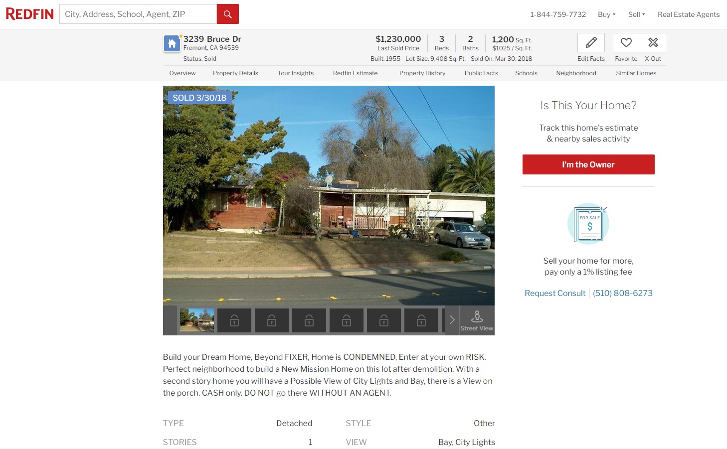 Listing on Redfin.com of a condemned home in Fremont being sold for $1.23 million. (Redfin)