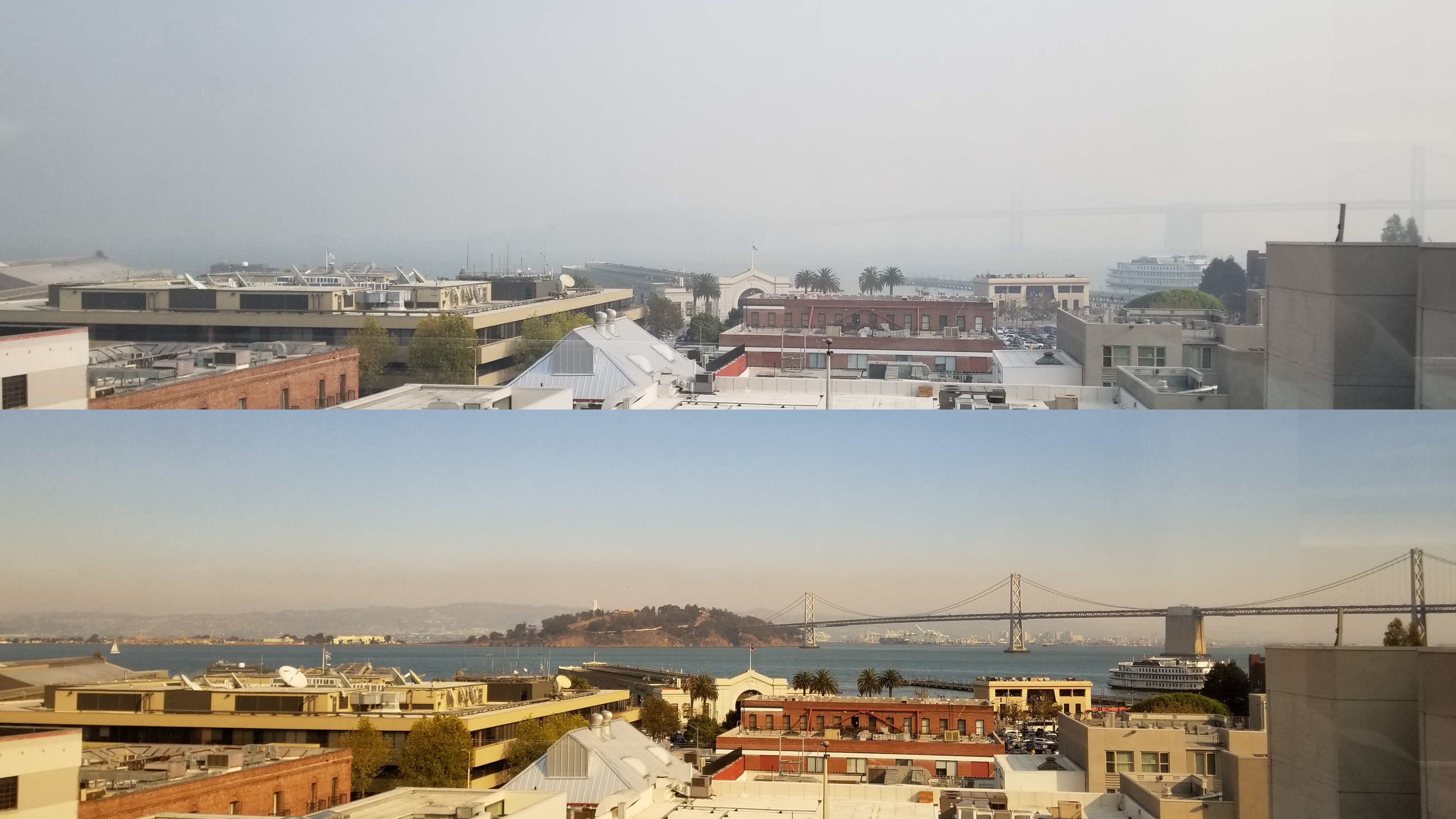 Views of the smoke from the Camp Fire from the KPIX studios in San Francisco. The above picture was taken on November 15, 2018, the picture on the bottom was taken on the day the fire broke out, November 8, 2018. (Tim Fang / CBS)