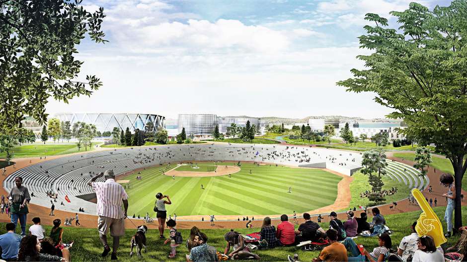 Artist's rendering of proposed redevelopment of Oakland Coliseum. (Bjarke Ingels Group)