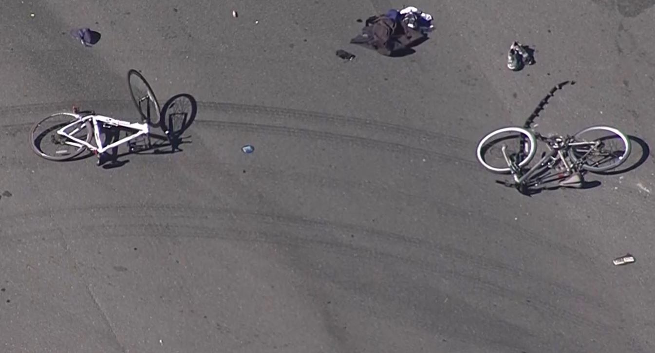 Chopper 5 over the scene of a crash involving two cyclists and a SUV near Vistapark Drive and Capitol Expressway in San Jose, July 15, 2019. (CBS)