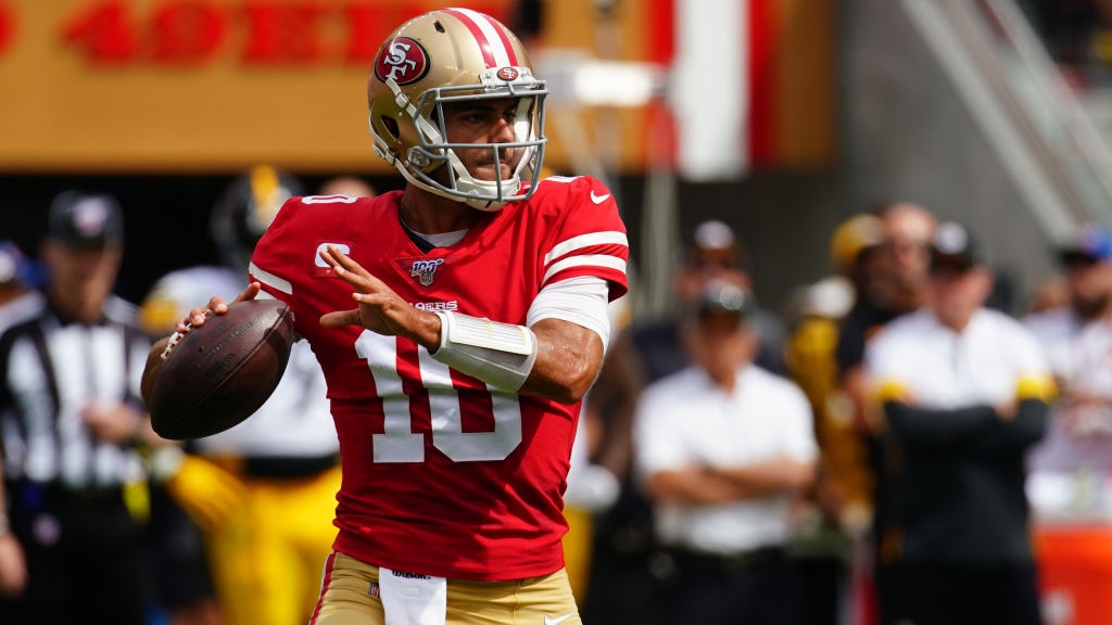 Jimmy Garoppolo #10 of the San Francisco 49ers drops back to pass during the first quarter against the Pittsburgh Steelers at Levi's Stadium on September 22, 2019 in Santa Clara, California.