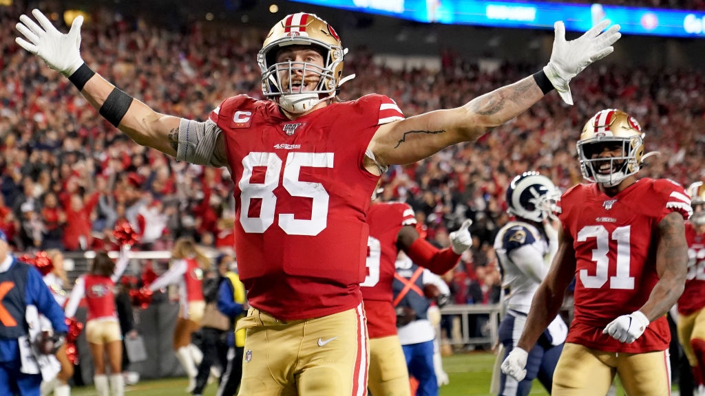 Tight end George Kittle #85 of the San Francisco 49ers celebrates his fourth quarter touchdown over the Los Angeles Rams at Levi's Stadium on December 21, 2019 in Santa Clara, California.