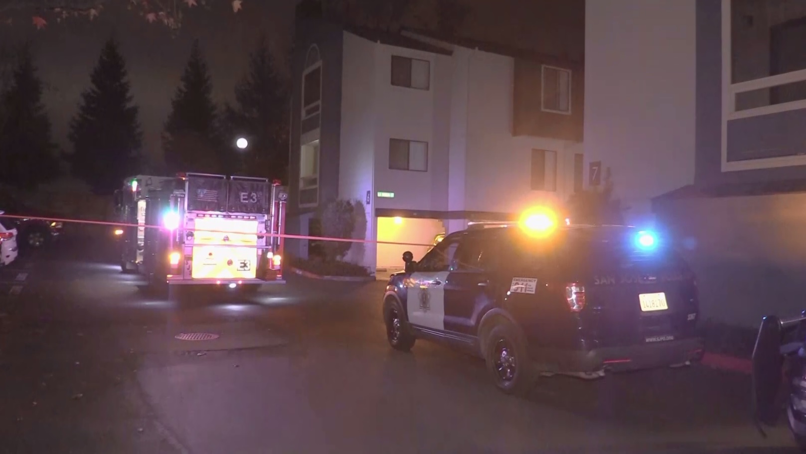 San Jose firefighters and police on the scene of a fire and possible explosion at the Alterra Apartments on January 1, 2020. (CBS)