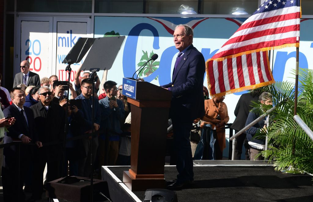 Democratic presidential candidate Mike Bloomberg speaks during the kickoff of his "Get it Done Express" bus tour at Dollarhide Community Center in Compton, California on February 3, 2020. (FREDERIC J. BROWN/AFP via Getty Images)