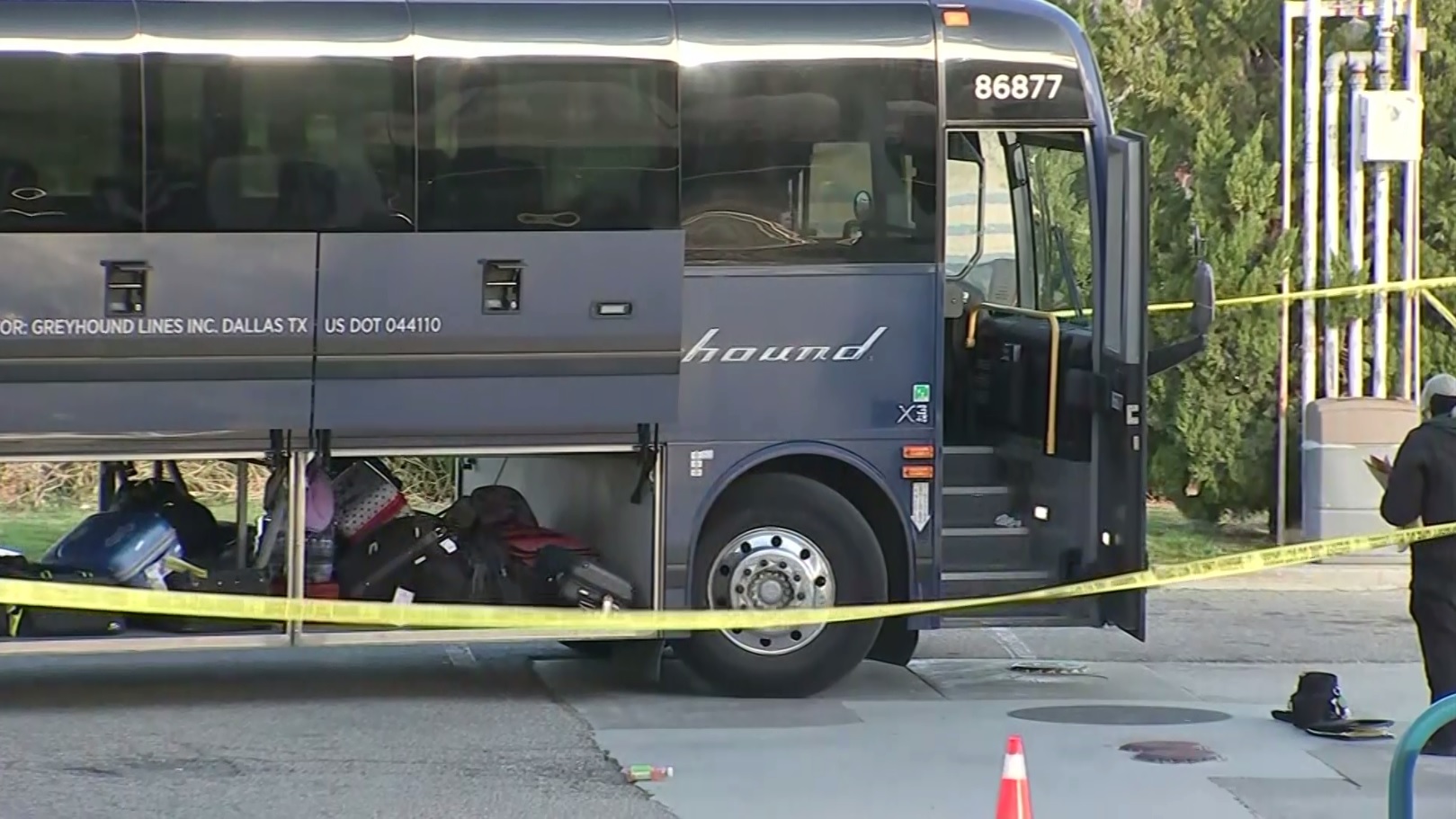 Police on the scene following a shooting on a Greyhound bus in Lebec on February 3, 2020. (CBS)