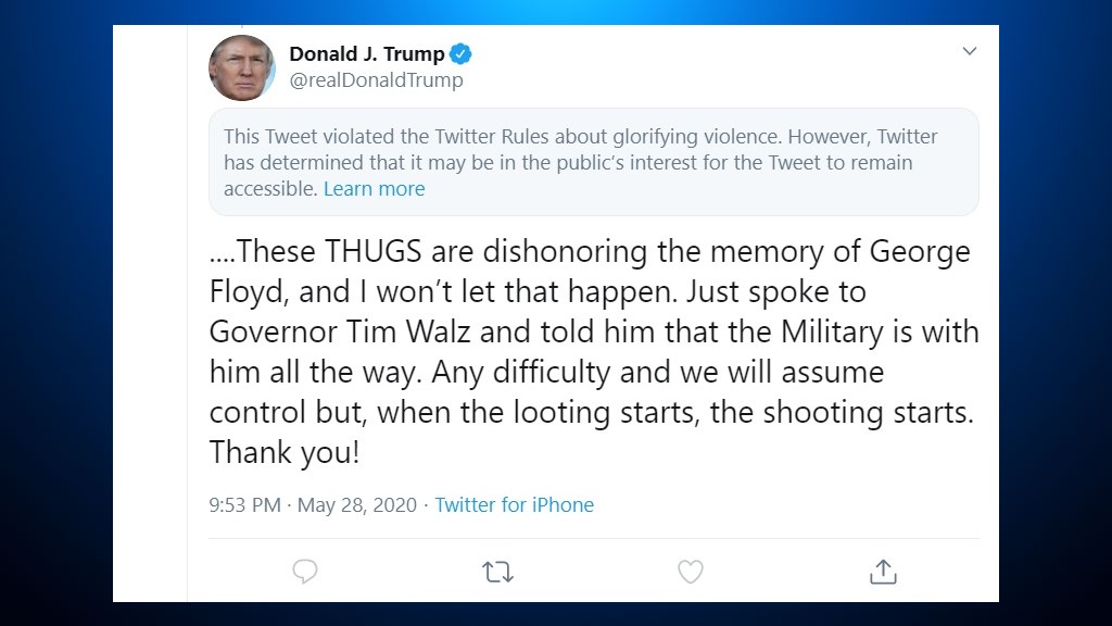 Tweet by President Donald Trump on the George Floyd protests that was flagged by the social network for "glorifying violence." (Twitter)