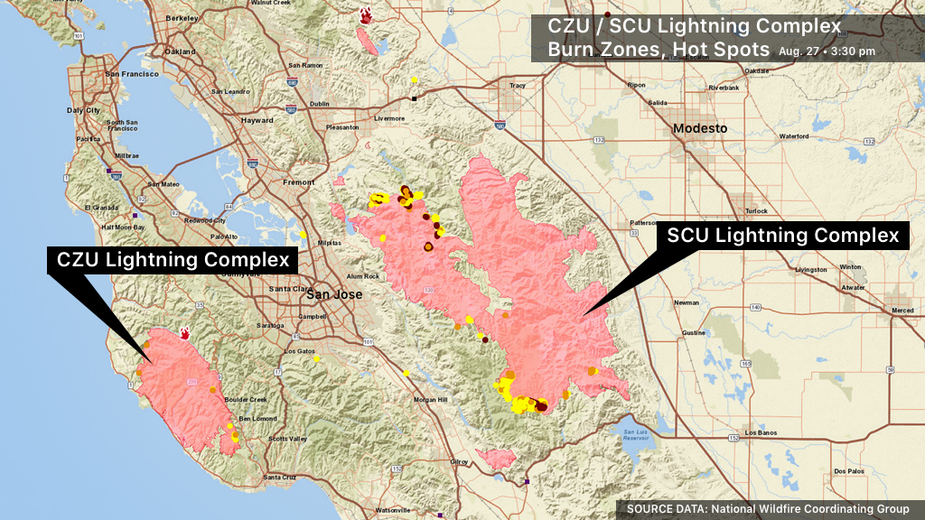 Aug 27: CZU / SCU Lightning Complex Burn Zones Map