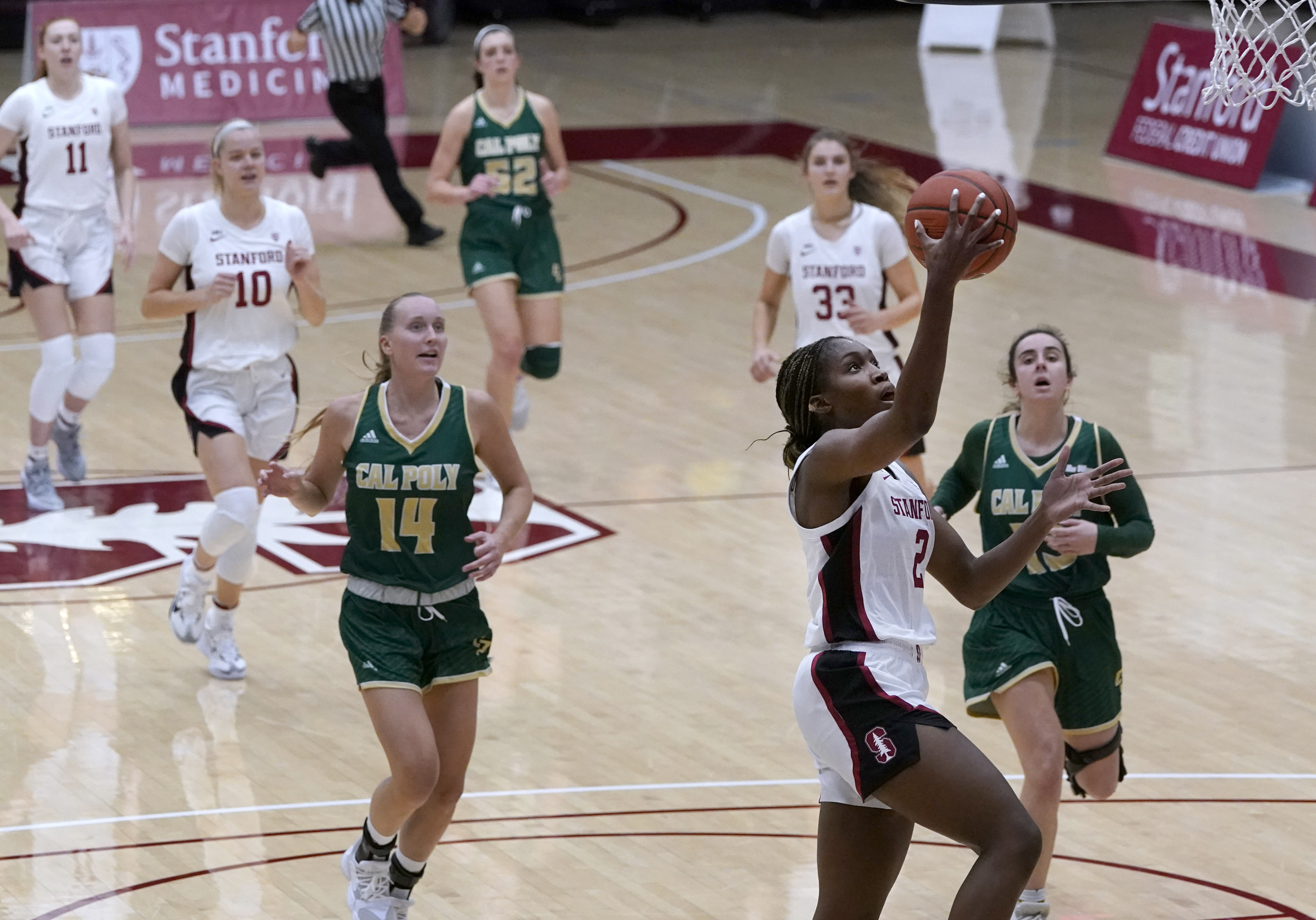Stanford guard Agnes Emma-Nnopu drives to the basket against Cal Poly during the second half of an NCAA college basketball game in Stanford, Calif., Wednesday, Nov. 25, 2020. Stanford won 108-40. (AP Photo/Tony Avelar)
