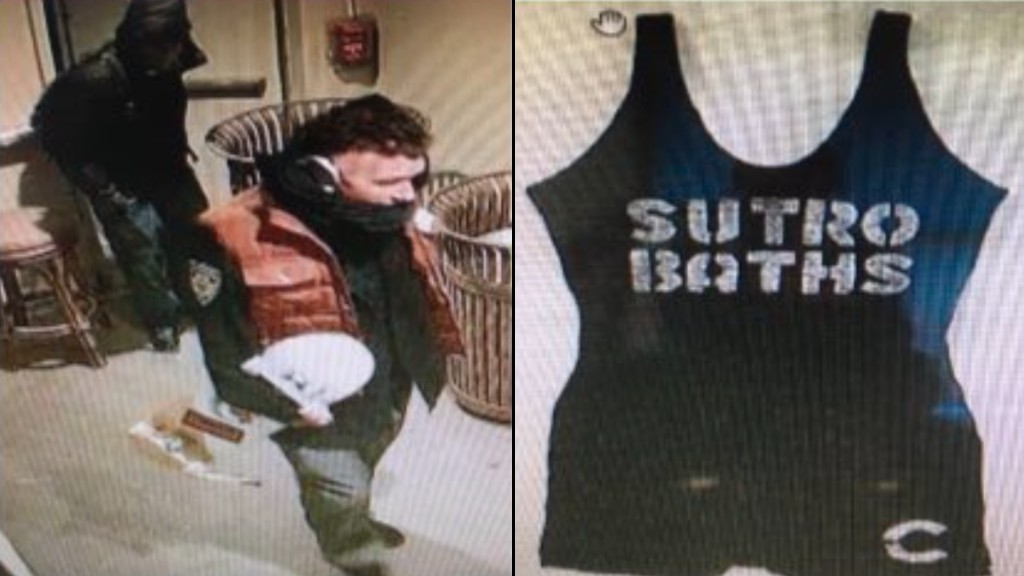 (LR) Surveillance video of two suspects and a Sutro Baths swimsuit stolen during a break-in at the recently closed Cliff House restaurant in San Francisco on January 26, 2021.  (United States Park Police)