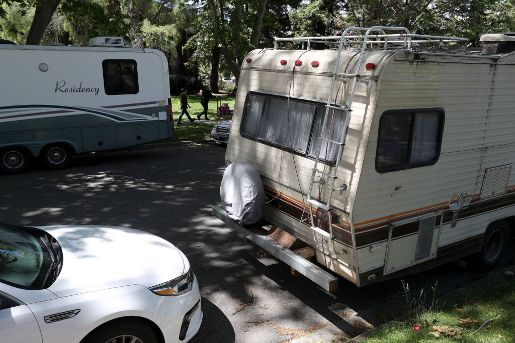 RVs sit parked on a street across from Google headquarters on May 22, 2019 in Mountain View. (Justin Sullivan/Getty Images)