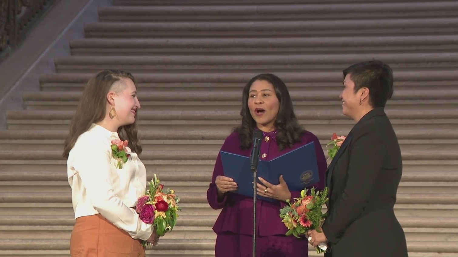 Mayor London Breed presides over the wedding of Madelyn and Indira Carmona at San Francisco City Hall on June 7, 2021, the first day weddings were held at City Hall since the start of the COVID-19 pandemic. (CBS)