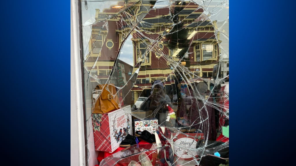 A shattered window at Abraxas Shoes and Leather in Ferndale after a magnitude 6.2 earthquake struck off the Humboldt County coast, December 20, 2021. (Abraxas Shoes and Leather)