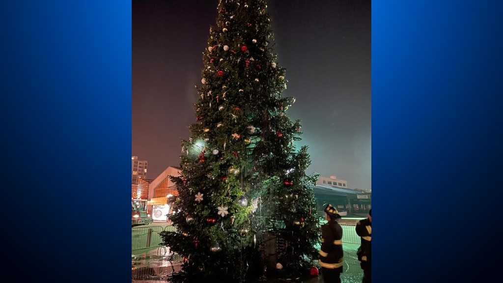 Firefighters respond to Christmas tree fire at Jack London Square in Oakland on December 6, 2021. (Oakland Fire Department)