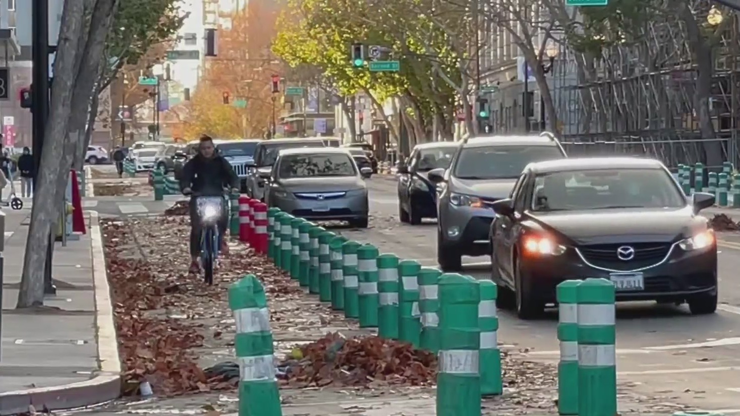 Traffic bollard separates cars from bicycles in Downtown San Jose. (CBS)